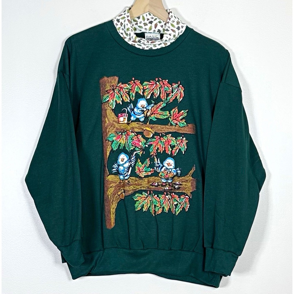 Basic Editions Womens Vintage Fall Novelty Sweatshirt L Dark Green Turtleneck